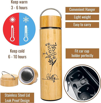 Bamboo Water Tumbler Personalize Travel Mug Custom Engraved Tea Tumbler with Infuser Wooden Bottle Birthday Gift Flower for Tea Lover, Mom, Women Tea Infuser (BB006-B, 15 oz)