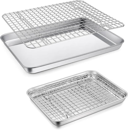 P&P CHEF 12.5 + 9 Inch Toaster Oven Pan with Rack Set, Stainless Steel Baking Pan Tray and Grid Cooling Rack for Cooking/Roasting, Dishwasher Safe & Easy to Clean, Non-toxic & Sturdy, (4Pcs)