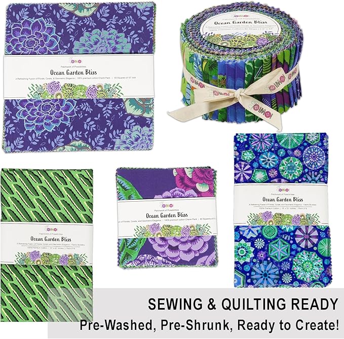 Soimoi 40 Pcs 5 x 5 inches Quilting Fabric Bundles Precut, DIY Cotton Fabric Squares, Printed Layer Cakes Patchwork Materials for Crafts Cloths Decor,Charm Squares for Quilts- Ocean Garden Bliss