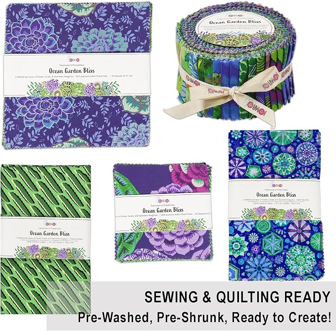 Soimoi 40 Pcs 10 x 10 inches Quilting Fabric Bundles Precut, DIY Cotton Fabric Squares, Printed Layer Cakes Patchwork Materials for Crafts Cloths Decor,Charm Squares for Quilts- Ocean Garden Bliss