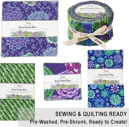 Soimoi 40 Pcs 10 x 10 inches Quilting Fabric Bundles Precut, DIY Cotton Fabric Squares, Printed Layer Cakes Patchwork Materials for Crafts Cloths Decor,Charm Squares for Quilts- Ocean Garden Bliss