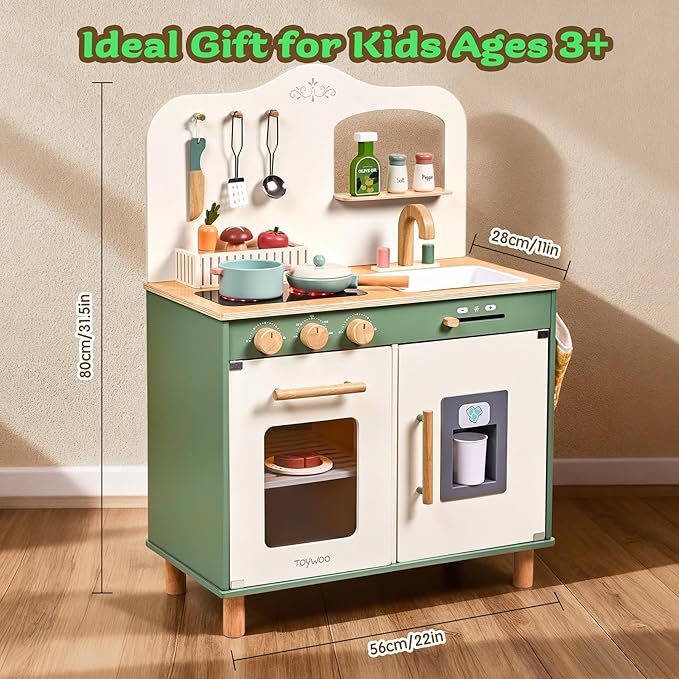 Kids Play Kitchen Toddler Kitchen Playset with Play Food Set Pretend Cooking Set with Sink, Stove, Microwave Wooden Toys Kitchen Gift for Girls and Boys