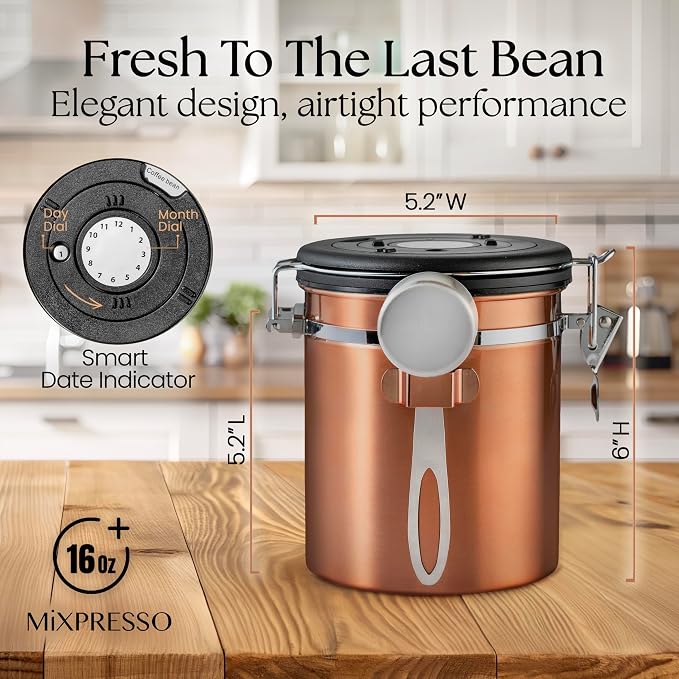 Mixpresso Copper 16 Oz Stainless Steel Coffee Canister with Scoop – Airtight Coffee Container with CO2 Valve for Bean Storage, Date Tracker Lid