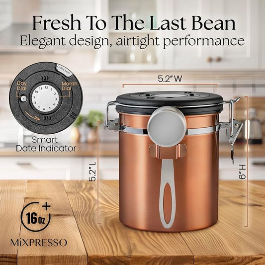 Mixpresso Copper 16 Oz Stainless Steel Coffee Canister with Scoop – Airtight Coffee Container with CO2 Valve for Bean Storage, Date Tracker Lid