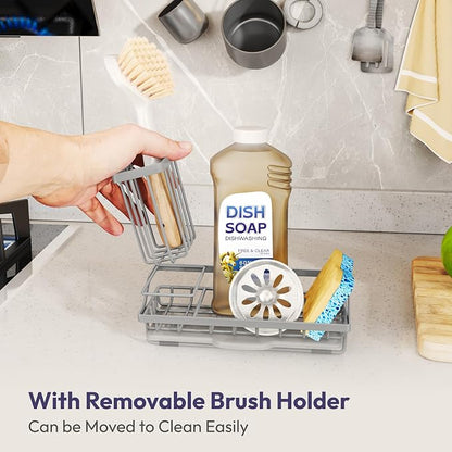 SWTYMIKI Sink Caddy Sponge Holder - Kitchen Sink Organizer with High Brush Holder for Countertop to Hold Dish Soaps and Sponges, Stainless Steel, Gray