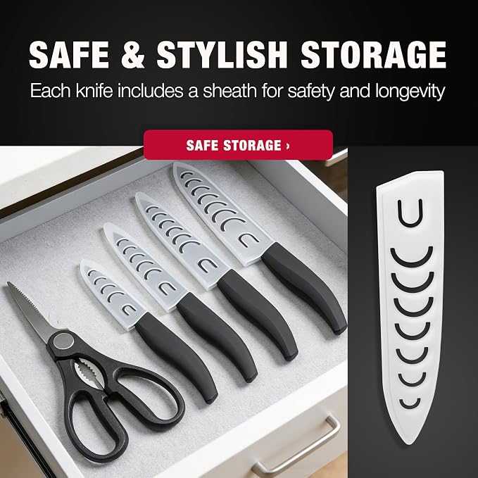 Vos ceramic knives set for kitchen in gift box, 5 ceramic knife with cover with scissors, 3" 4" 5" 6" ultra sharp knives for home cooks, lightweight, rust-free, dishwasher safe (Black handle)