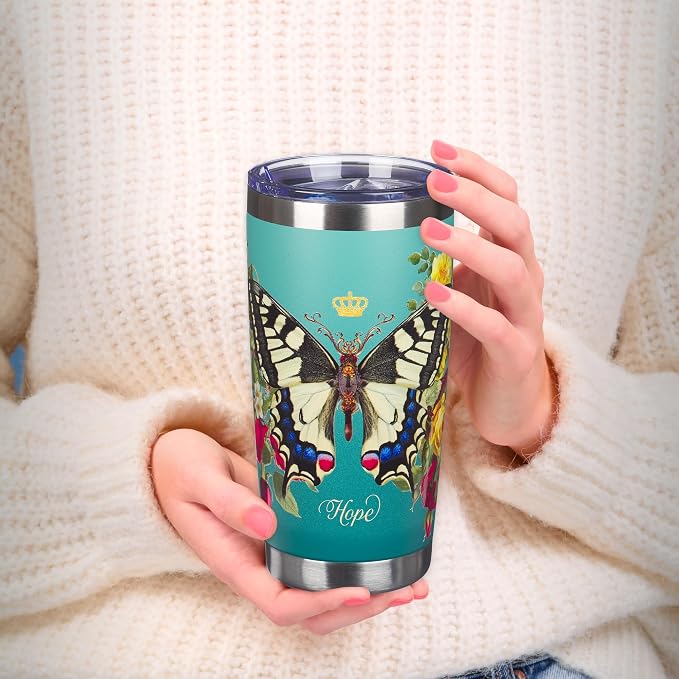 Christian Art Gifts Stainless Steel Double Wall Vacuum Insulated Tumbler 18 oz Butterfly Teal BPA-free Travel Mug with Retractable Lid Inspirational Bible Verse for Women - Hope -Isaiah 40:31