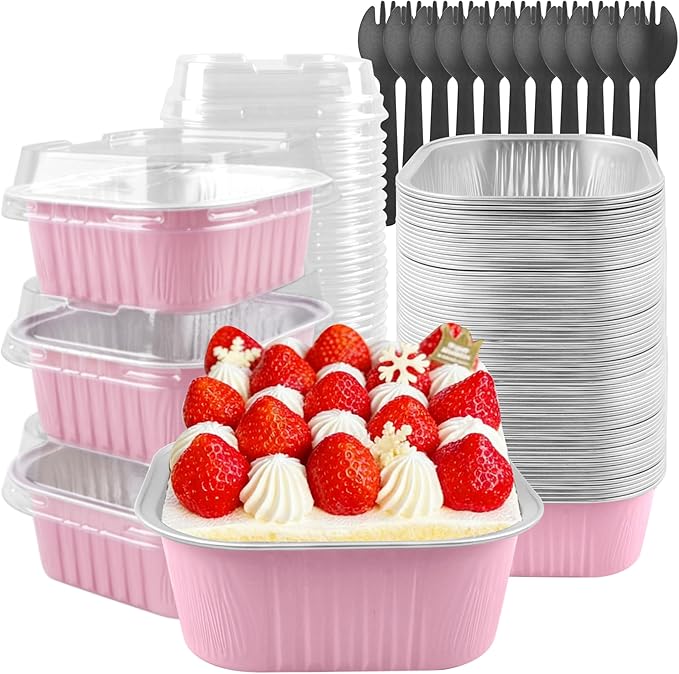 50 Pack 10oz Square Mini Cake Pans with Lids and Spoons,Aluminum Foil Baking Cups,Disposable Mini Loaf Pans Ramekins for Brownie, Cheesecake, Mousse & Wedding Party Favors-Pink