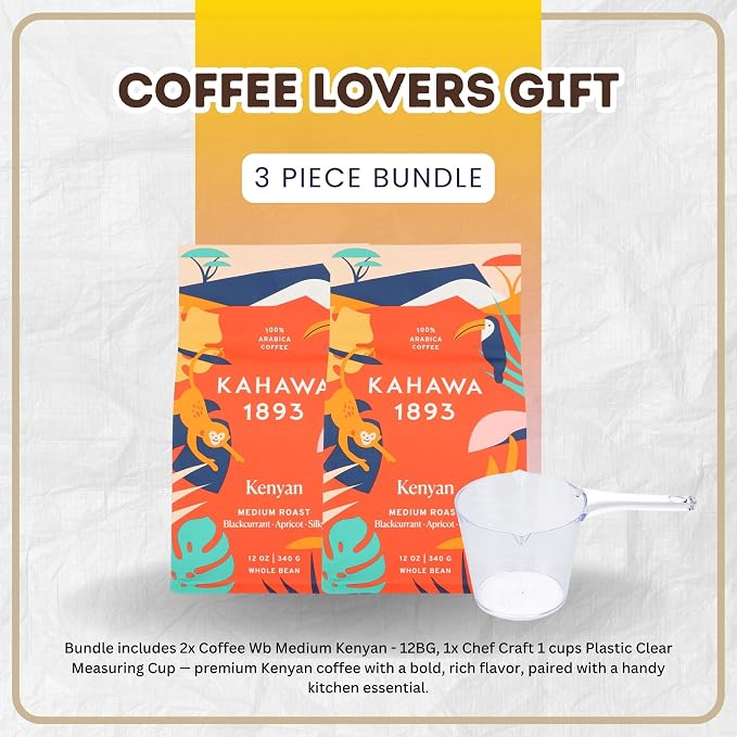 Kenya – 3x Kahawa 1893 Coffee Whole Bean Medium Kenyan 12 oz Bundle with Plastic Clear Measuring Cup – Balanced Medium Roast with Smooth Blackcurrant and Apricot Notes Gift Set (3 Items)