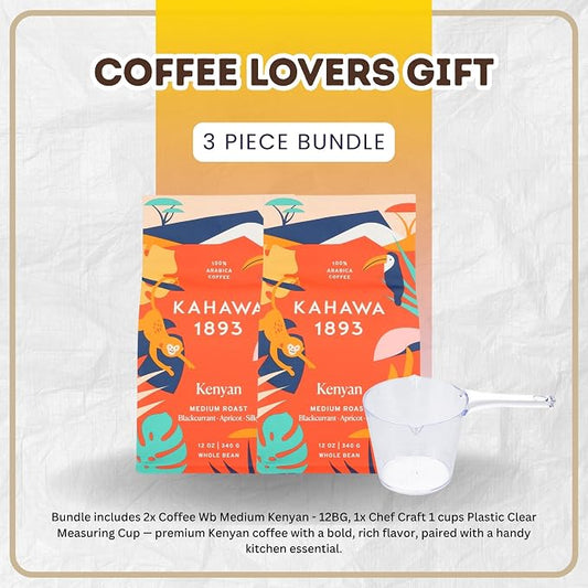 Kenya – 3x Kahawa 1893 Coffee Whole Bean Medium Kenyan 12 oz Bundle with Plastic Clear Measuring Cup – Balanced Medium Roast with Smooth Blackcurrant and Apricot Notes Gift Set (3 Items)