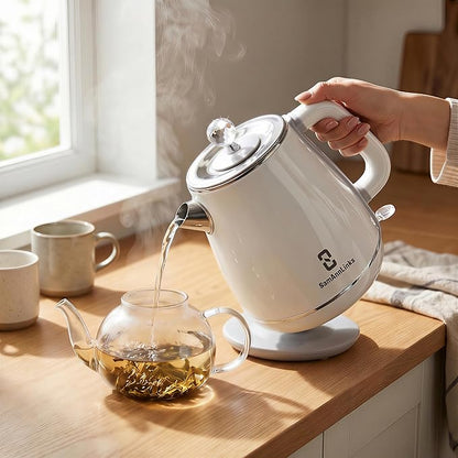Electric Kettle - 1.8L Cordless Tea Pot, Stainless Steel Interior, Fast Boiling, Double Wall Insulation, Auto Shut-Off, White