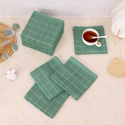 Mordimy 100% Cotton Terry Cloth Dish Cloths, Soft and Absorbent Checkered Dish Towels, Quick Drying Dish Rags for Washing Dishes, 12 Pack, 12 x 12 Inches, Grass Green