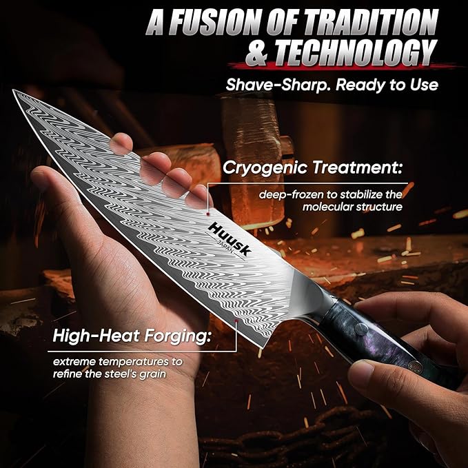 Huusk Japanese Chef Knife, 8" Stainless Kitchen Knife with Ergonomic Resin Handle & Sheath, Sharp Kitchen Knives Full Tang, Japanese High Carbon Steel Cooking Knifes, Fathers' Day Gift Idea for Dad