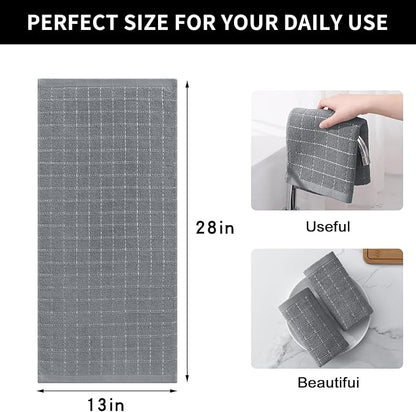 Homaxy 100% Cotton Terry Kitchen Towels(Grey, 13 x 28 inches), Checkered Designed, Soft and Super Absorbent Dish Towels, 6 Pack