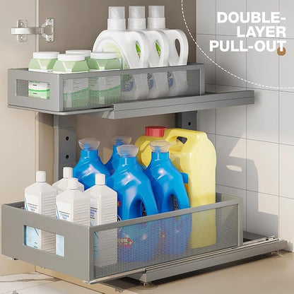 1 Pack 15.74IN-Depth Under Sink Organizer With Next-Gen Ball-Bearing Slides,2-Tier Pull Out Cabinet Storage,Height Adjustable Drawer Shelf for Bathroom,Kitchen,Laundry,Cabinet,Pantry-Gun Gray