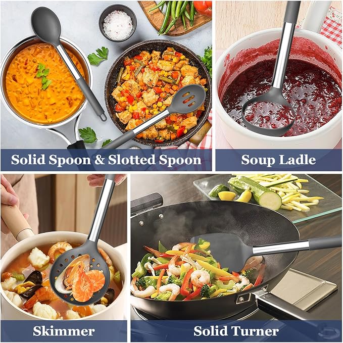 TeamFar Kitchen Utensils, 8PCS Silicone Utensils Kitchen Tools Set with Stainless Steel Handle, for Nonstick Cookware Frying Flipping Draining, Healthy & Anti-heat, Nonstick & Dishwasher Safe - Gray