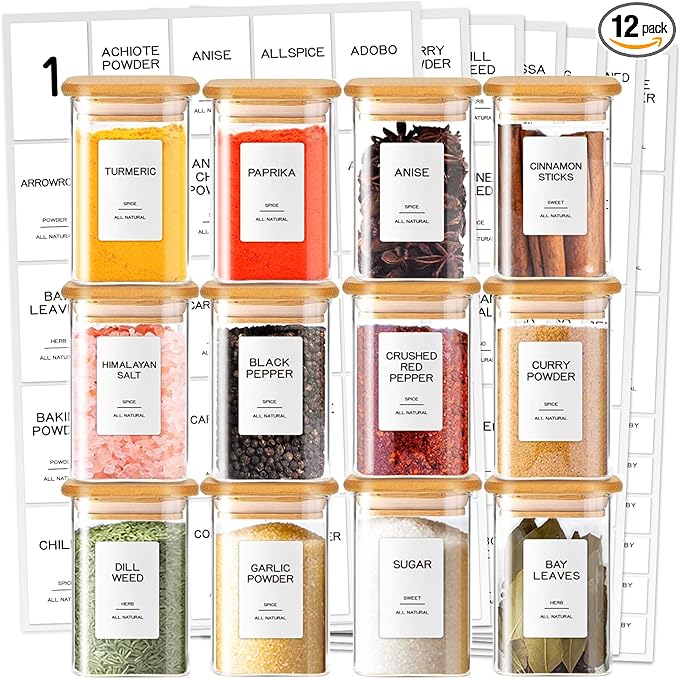 12 Pcs Glass Spice Jars with Bamboo Airtight Lids & 201 Labels - 8oz Square Small Empty Food Storage Containers for Kitchen, Seasonings, Herbs, Salt