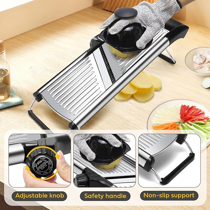 Mandoline Slicer for Kitchen, Stainless Steel adjustable Mandoline slicer, Non-Slip Mandolin with 4 Blades,Vegetable & Fruit Slicer for Potato,Tomato,onion,cucumber,with Cut-Resistant Gloves,Brush