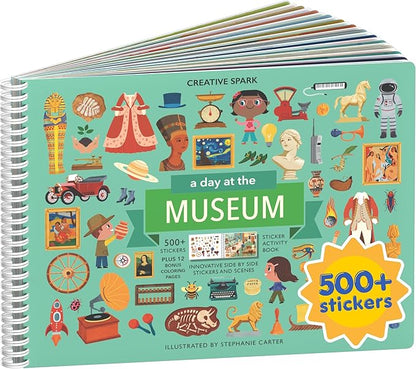 CUPKIN A Day at The Museum 500+ Kids Sticker Book Fun Toddler Travel Activity Coloring and Sticker Book, Road Trip Essentials, 12 Coloring Pages + 12 Scenes for Ages 2–8 Years