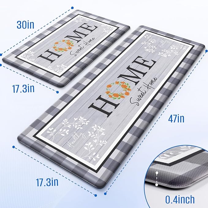 Kitchen Rugs, 2 PCS Kitchen Mats for Floor, Cushioned Non-Slip Anti Fatigue Mats for Kitchen Floor, Kitchen Runner Rugs for Standing Desk, Office, Laundry (17.3’’ x 30’’ + 17.3’’ x 47.2’’)