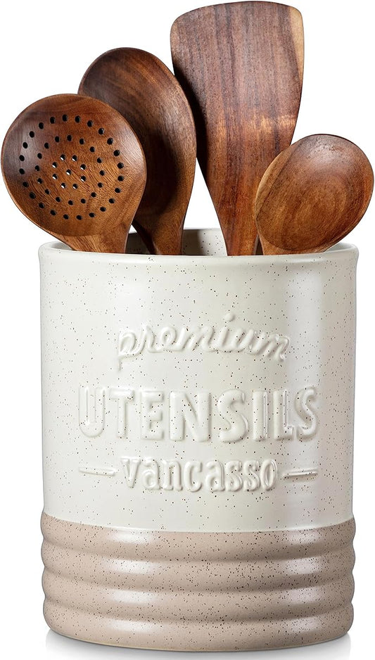 vancasso Sabine Ceramic Utensil Holder for Kitchen Counter, 7.2" Large Utensil Crock, Matte Cream Farmhouse Kitchen Utensil Holder, Countertop Organizer for Spoons, Spatulas and Cooking Tools