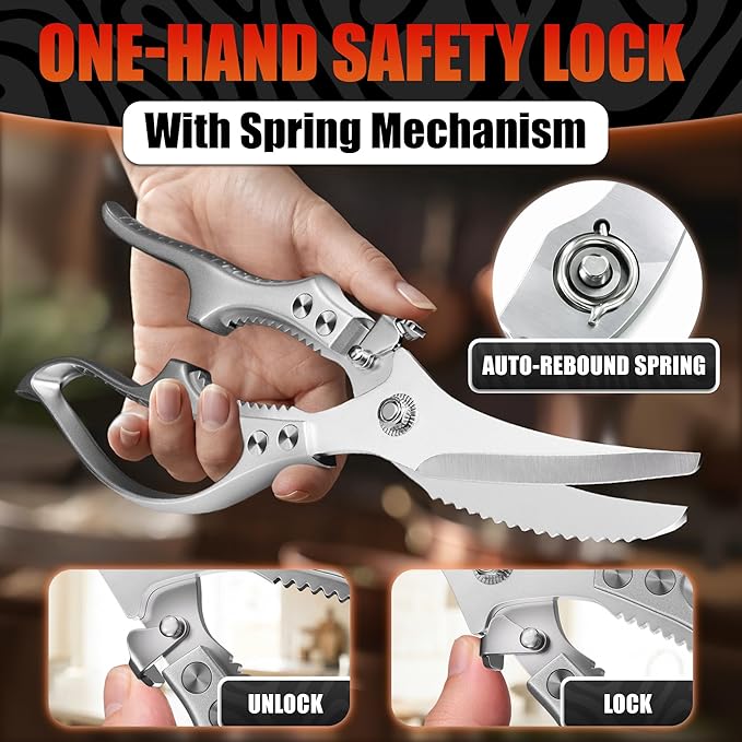 Tomato Knives - Premium Stainless Steel Poultry Shears, Heavy Duty Kitchen Scissors, Hardened Blades, One-Hand Safety Lock, Spring Mechanism, Dishwasher Safe - Chicken, Meat, Turkey, Fish & Vegetables