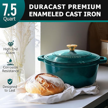 MUELLER HOME 7.5 QT Enameled Cast Iron Dutch Oven, Heavy-Duty Casserole Dish and Braiser Pan with Lid and Stainless Knob, Oven-Safe up to 500° F & Across All Cooktops, Emerald