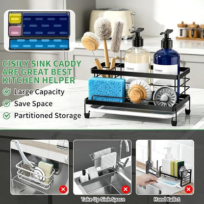 Cisily Black Sponge Holder for Kitchen, Sink Caddy Sink Organizer Rack for Kitchen Accessories with Drip Tray, Rustproof and Non-slip, Soap Dispenser Countertop Organizer Essentials for New Home