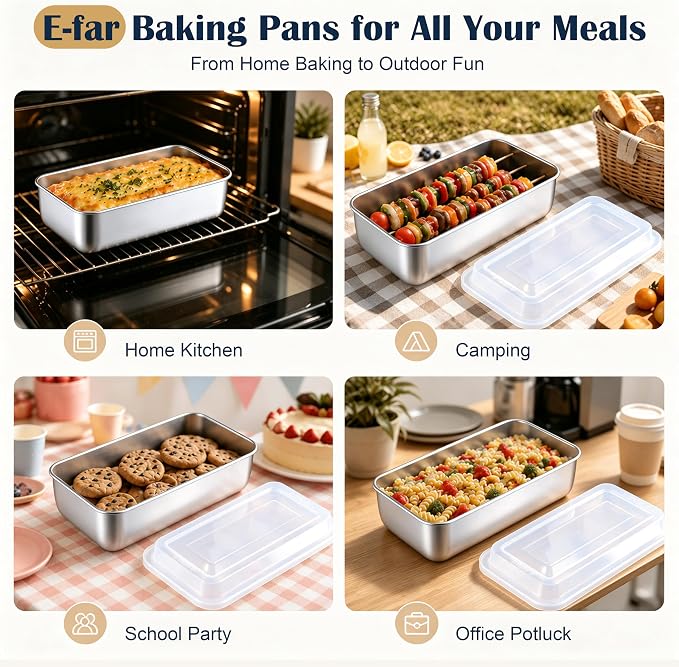 E-far Loaf Pan with Lid, 9 x 5 Inch Stainless Steel Bread Pan for Homemade Bread, Rectangle Baking Tin for Sourdough, Meatloaf, Banana Cake, Nontoxic & Dishwasher Safe
