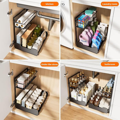 PureBox Under Sink Organizer, 2-Tier L-Shaped Pull Out Cabinet Shelf with 2 Installation Methods, Adjustable Sliding Storage Drawer for Kitchen, Bathroom, Laundry, Metal, Black
