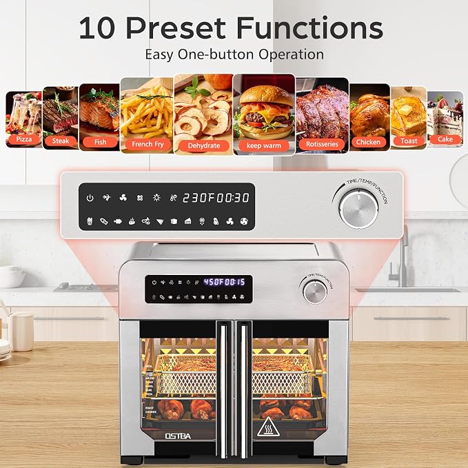OSTBA French Door Air Fryer Toaster Oven Combo, 10-in-1 Air Fryer Toaster Oven with Rotisserie, 24QT Large Countertop Convection Oven, 102 Recipes & 7 Accessories, Stainless Steel