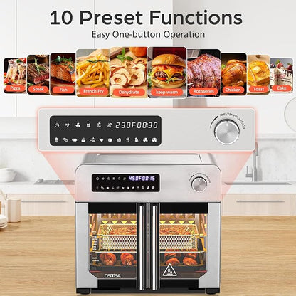 OSTBA French Door Air Fryer Toaster Oven Combo, 10-in-1 Air Fryer Toaster Oven with Rotisserie, 24QT Large Countertop Convection Oven, 102 Recipes & 7 Accessories, Stainless Steel
