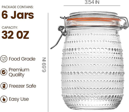 WACOI 32 Oz Glass Mason Jars with Airtight Lids 6 Pack, Wide Mouth Canning Jars with Clip Top Lids for Kitchen Storage Pickling Salad Jams Coffee Beans