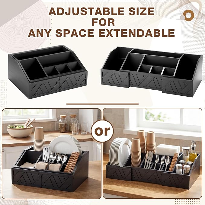 Paper Plate Dispenser Extendable, Paper Plate Holder for Kitchen Counter Wood Silverware Utensil Caddy Cutlery Flatware Organizer Box for Cups Spoons Forks Kitchen Accessories(Black)