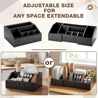 Paper Plate Dispenser Extendable, Paper Plate Holder for Kitchen Counter Wood Silverware Utensil Caddy Cutlery Flatware Organizer Box for Cups Spoons Forks Kitchen Accessories(Black)
