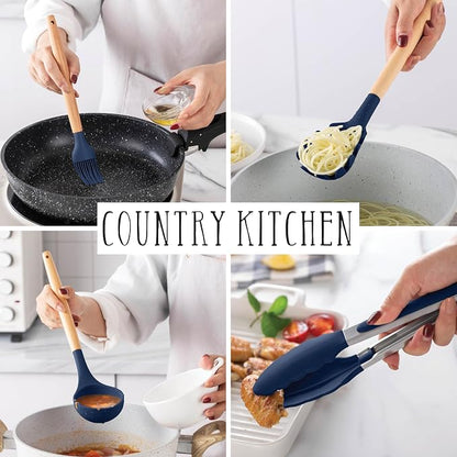Country Kitchen Non Stick Silicone Utensil Set with Rounded Wood Handles for Cooking and Baking, 14 Piece Set, Navy