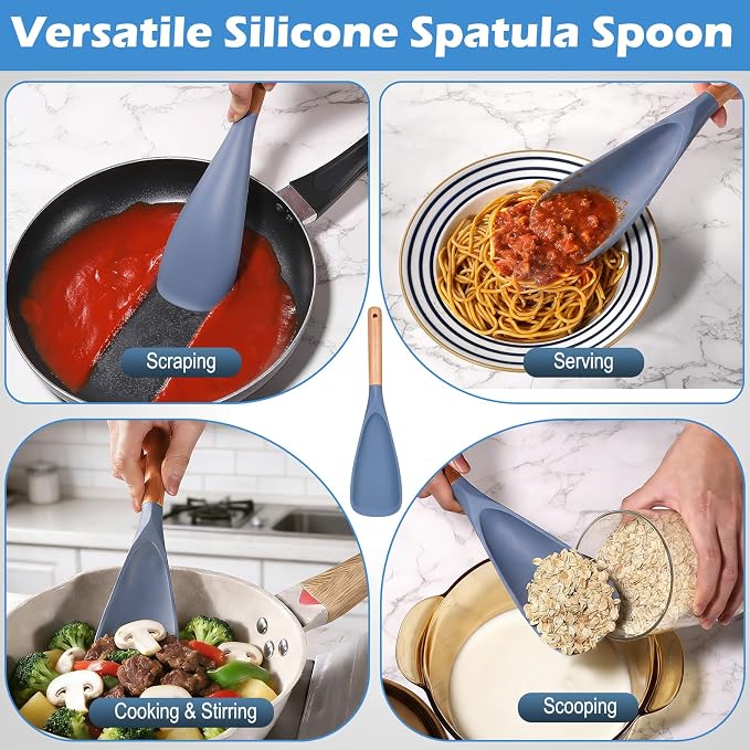 Cooking Spoon Set with Wooden Handle, Heat-Resistant Kitchen Utensils for Stirring, Mixing, Serving, Non-Stick Cookware (BLUE - 1Pack)