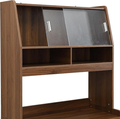 VilroCaz Multifunctional 69" Height Kitchen Pantry with Hutch and Foldable Dining Table, Freestanding Cupboard Cabinet with Storage Shelf and Side Hooks for Small Places (Walnut-5.8)