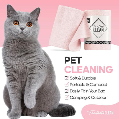 Fantasticlean Microfiber Cleaning Cloth Roll -60 Pack, Tear Away Paperless Towels, 8" x 8", Reusable Washable Rags, for House Kitchen, Pet, Office, Indoor Outdoor, Compact and Portable (Pink)