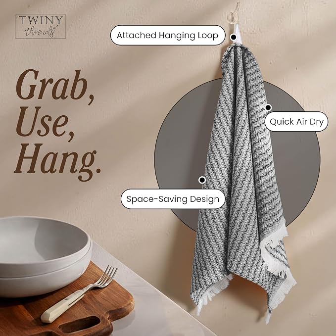 TWINY threads Kitchen Towel Chevron Weave, Premium Kitchen Linen Set, Large 100% Cotton Dish Rags, Absorbent Quick Drying for Daily Use, Washable Reusable, Set of 12, 16x26 Inches, Black
