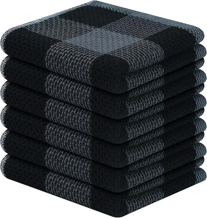 Homaxy 100% Cotton Waffle Weave Check Plaid Dish Cloths, 12 x 12 Inches, Super Soft and Absorbent Dish Towels Quick Drying Dish Rags, 6-Pack, Black & Grey