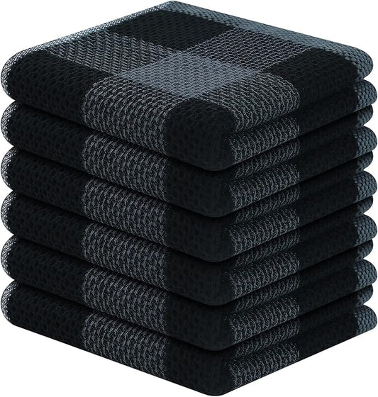 Homaxy 100% Cotton Waffle Weave Check Plaid Dish Cloths, 12 x 12 Inches, Super Soft and Absorbent Dish Towels Quick Drying Dish Rags, 6-Pack, Black & Grey