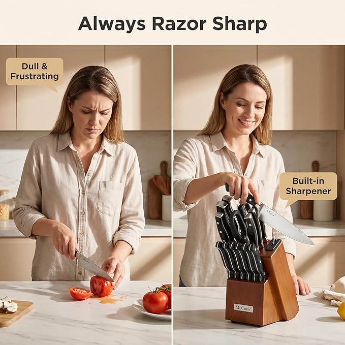 McCook® Knife Sets, German Stainless Steel Kitchen Knives Set with Built-in Sharpener and Wooden Block