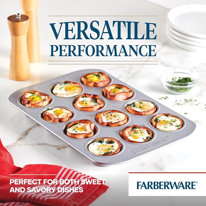 Farberware Bakeware Nonstick Muffin Pan, 12-Cup, Cupcake Baking Pan, Gray