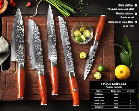 YARENH Chef Knife Set without Block, 5 Piece Professional Sharp Kitchen Knives,Damascus Stainless Steel, 73 Layers, Full Tang, Dalbergia Wood Handle, HTT Series