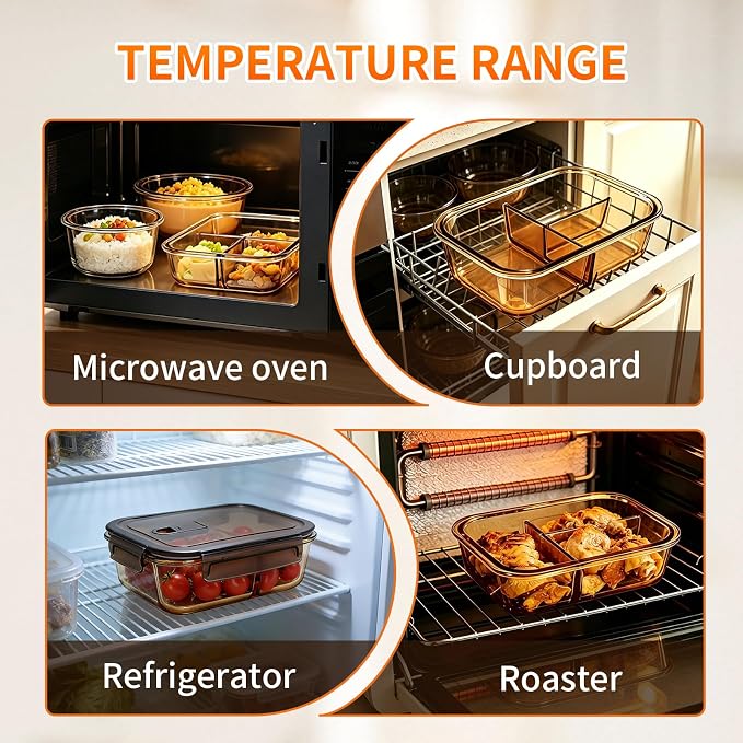 3-Piece Glass Food Storage Container Set, Microwave & Freezer Safe Lunch Containers for Kitchen Organization