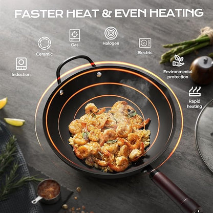 Wok, 13 Inch carbon steel wok pan with steamer & stir-fry pans nonstick, Pre-Seasoned 5.8QT Flat Bottom Chinese Woks Paella Pan with lid, Carbon Steel Cookware, Compatible with All Cooktops