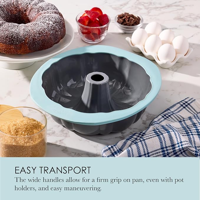 Chicago Metallic Silicone Fluted Cake Pan, 10 Inch Nonstick Bundt Cake Mold, Blue, Wire-Reinforced Rim, Oven Safe to 428F, Flexible Food-Grade Silicone Bakeware
