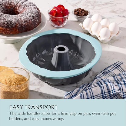 Chicago Metallic Silicone Fluted Cake Pan, 10 Inch Nonstick Bundt Cake Mold, Blue, Wire-Reinforced Rim, Oven Safe to 428F, Flexible Food-Grade Silicone Bakeware
