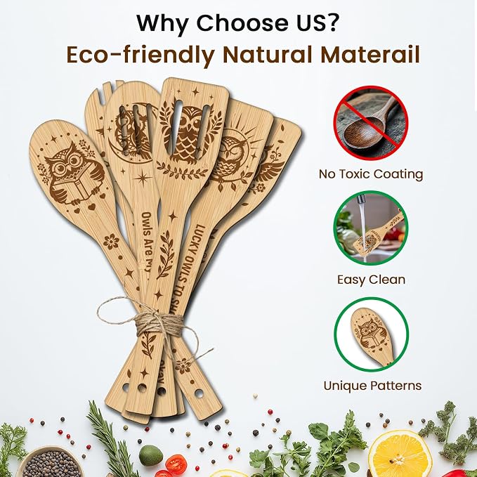 CUTHOLLOW 6PCS Owls Wooden Kitchen Cooking Utensil Set, 11.9in Non Toxic Bamboo Wood Spoon Set for Cooking, Best Housewarming Birthday Thanksgiving Christmas Gift for Women Mother